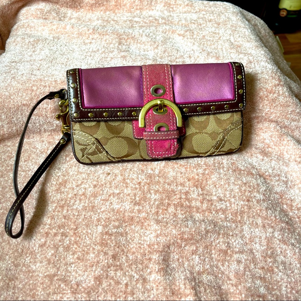 Coach Wristlet/Clutch. Big Gold pink suede buckle.